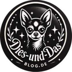 Dies-und-das-blog.de Logo, rund Grundfarbe schwarz, weißer Schriftzug und Hunde Silouette