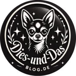 Dies-und-das-blog.de Logo, rund Grundfarbe schwarz, weißer Schriftzug und Hunde Silouette